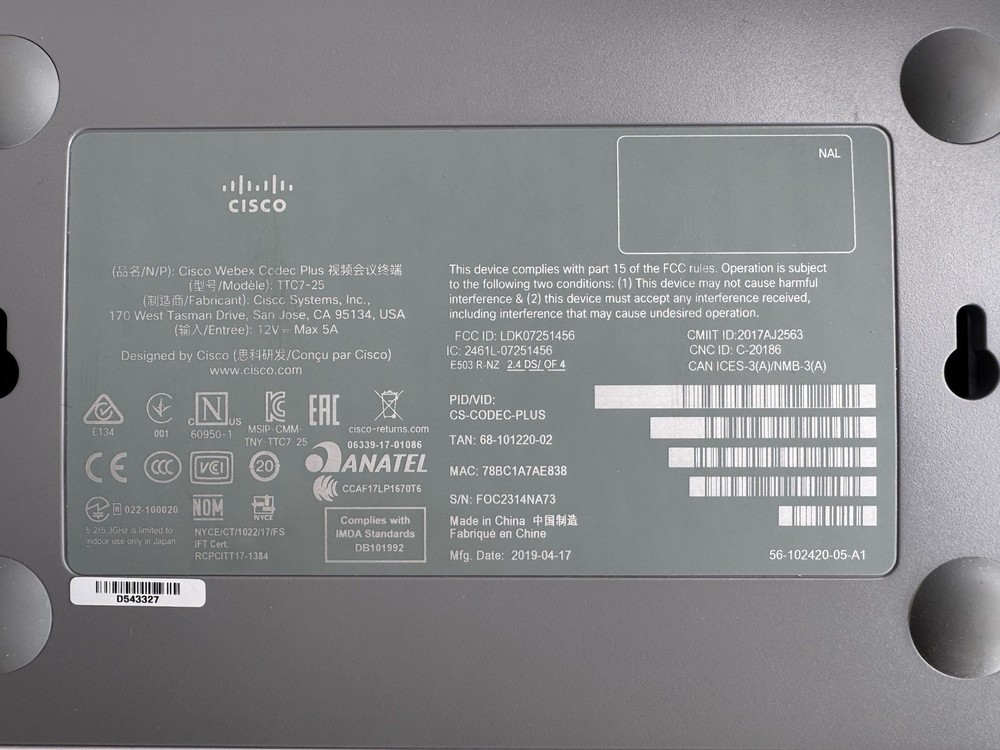 Cisco Webex Room Kit Plus CS-KITPLUS-K9 Quad Camera Video Conferencing System