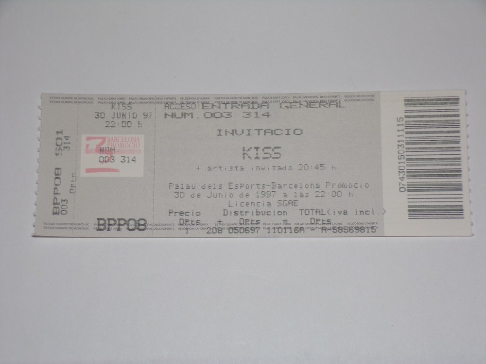 KISS Full Ticket Stub Alive Reunion Concert Tour Barcelona Spain Vintage Kiss