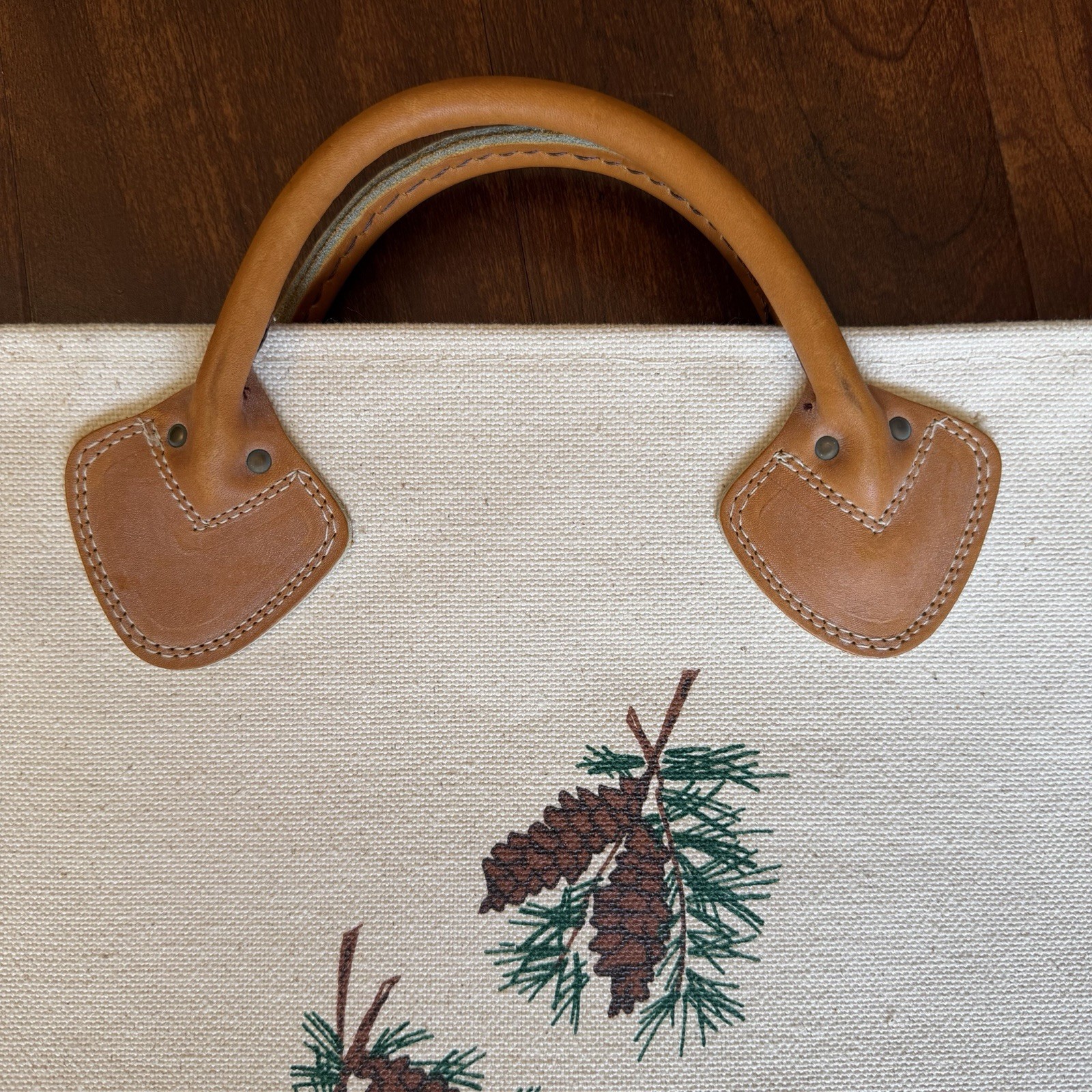 L.L.Bean Canvas Firewood Holder Carrier Pine Cone Design Leather Handles Vintage