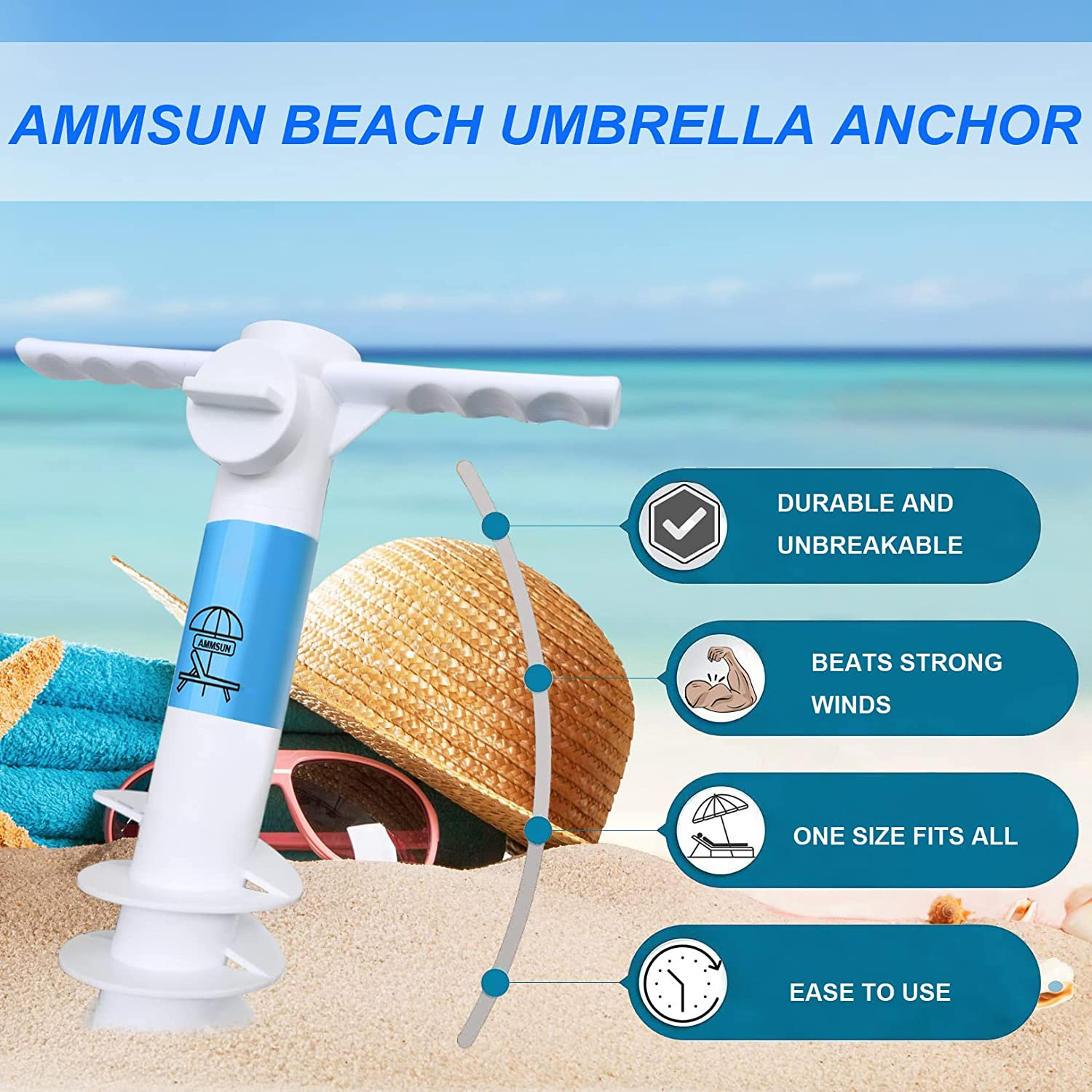 Beach Umbrella Sand Anchor Heavy Duty, Outdoor Umbrellas Base with 5 Spiral S...