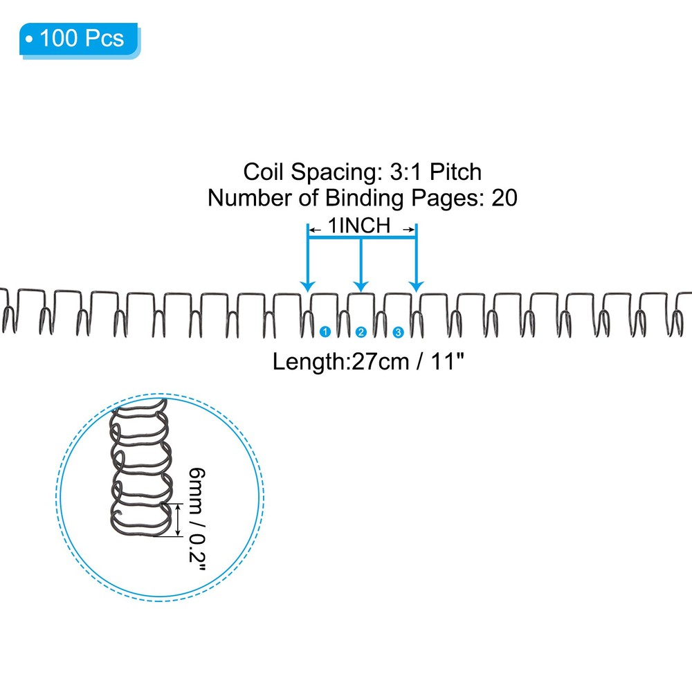 6mm (1/4″) Double Loop Wire Binding Combs, 100 Pcs, 3:1 Pitch, Black
