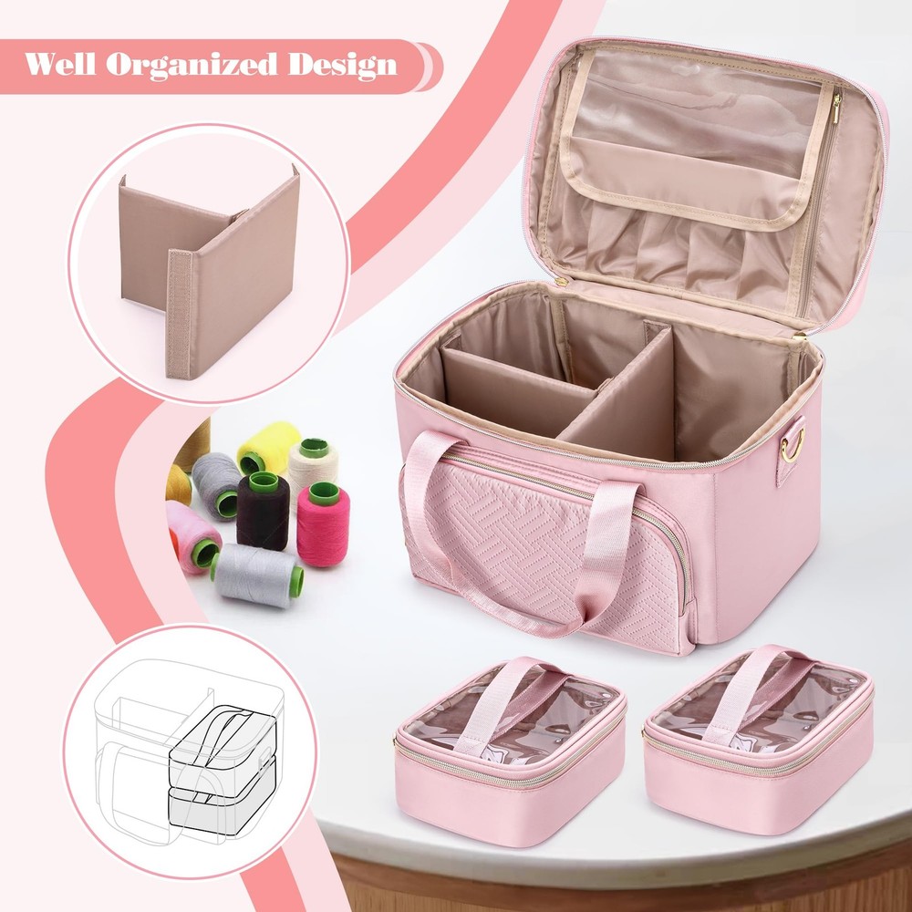 Pink Large Double-Layer Sewing Storage Organizer Bag Detachable Compartment