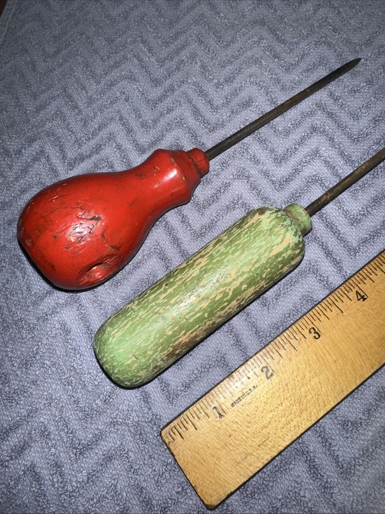 2 Antique Scratch AWL Wood Handle Leather Work Tools