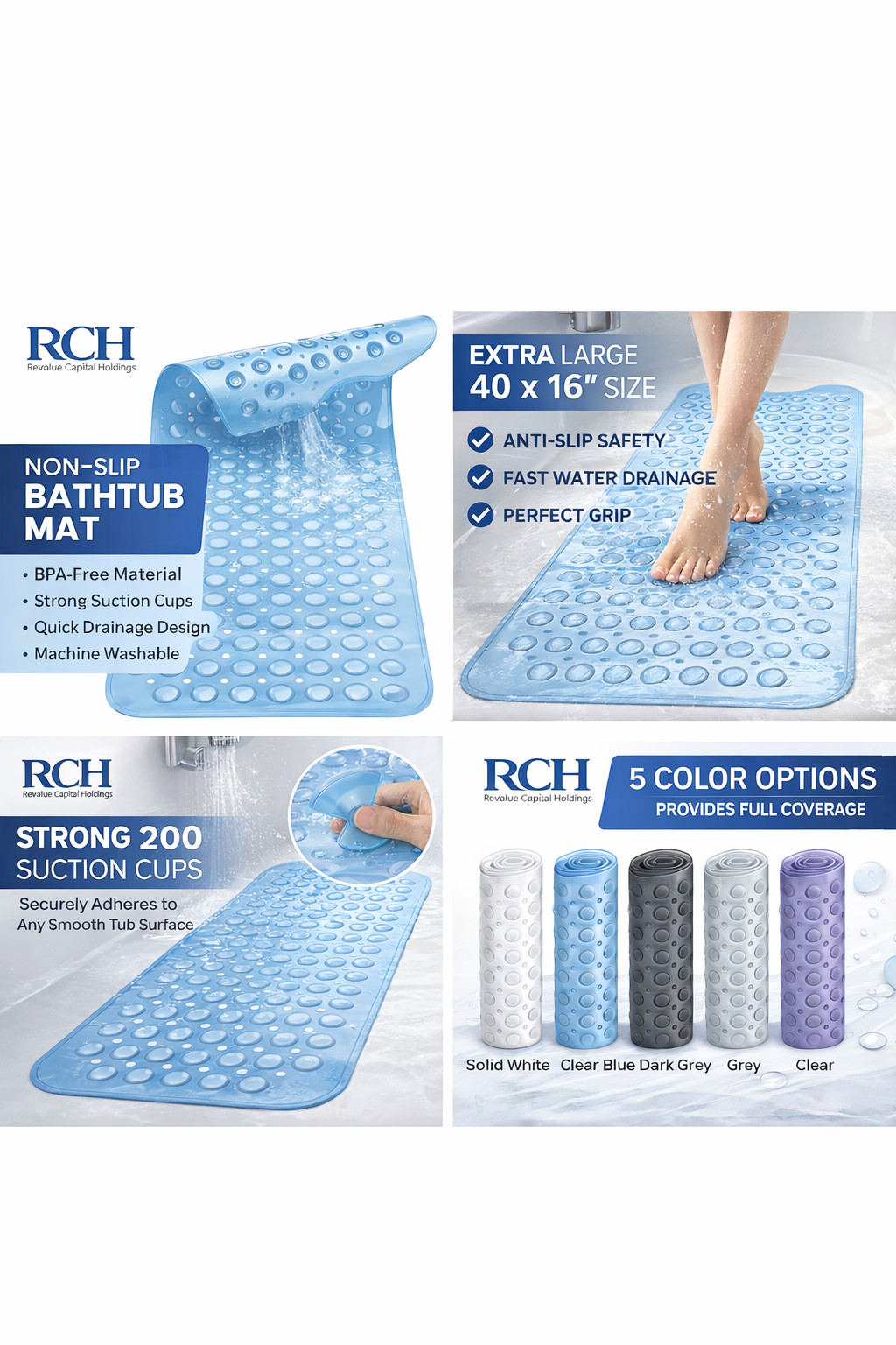 RCH Bath Tub Mat Non-Slip 40 x 16 Inch - Shower Mat for Bathtub with Suction Cup