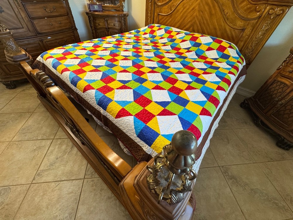 Queen Size Machine Pieced And quilted Single wedding Ring Patchwork Quilt#
