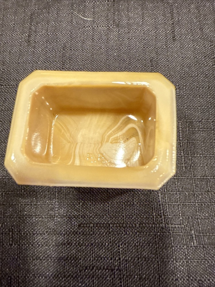 Vintage Rectangular Open Salt Dip Signed E.E. With Beveled Corner Golden Agate