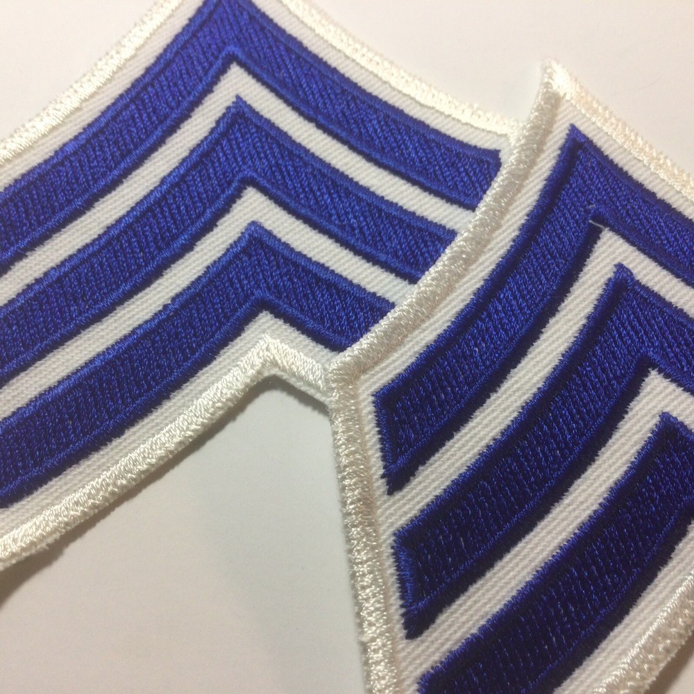 (2) Sergeant Chevron - 3 ROYAL BLUE stripes on White Patch (White Border)