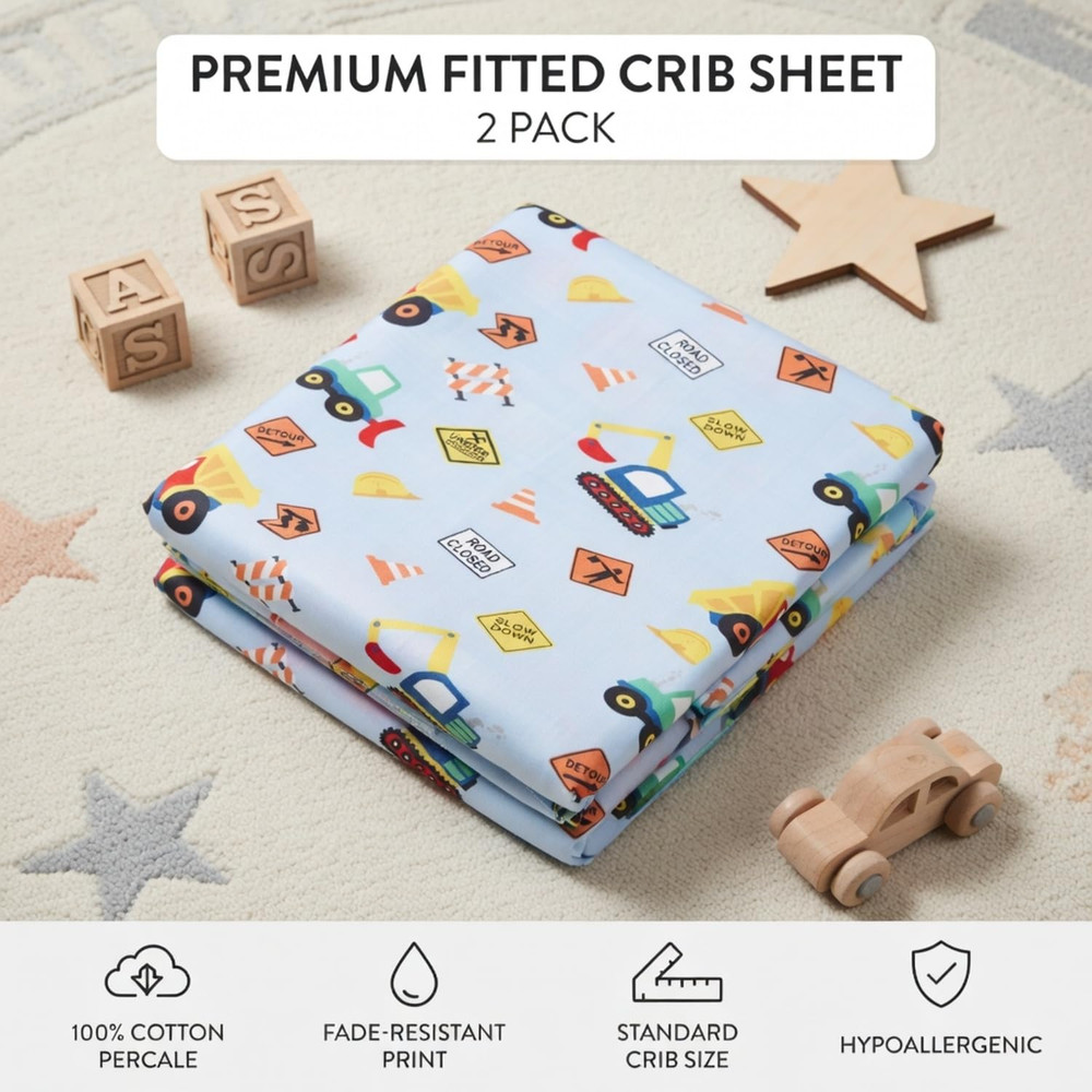 Baby Boy Fitted Crib Sheet, under Construction, 100% Soft Breathable Microfiber
