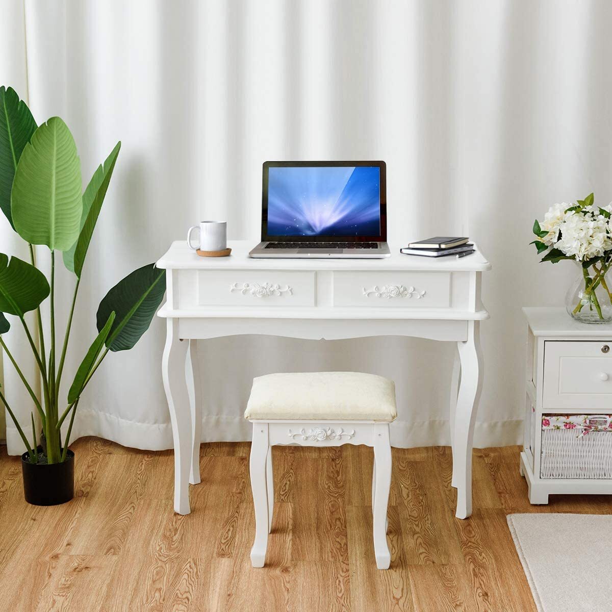 White Vanity Dressing Table Set With Mirror Stool 4 Drawers Makeup Desk Bedroom