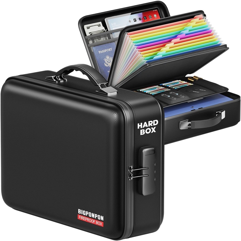 BigPonPon Fireproof Document Box, Hard Case Highly Flame-Resistant M, Black