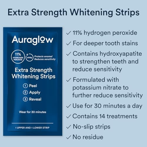 Auraglow Extra Strength Teeth Whitening Strips, 11% Hydrogen Peroxide, Reduce