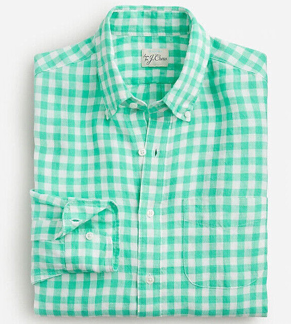 J.Crew Baird McNutt Linen Green Gingham Check Classic Fit Shirt