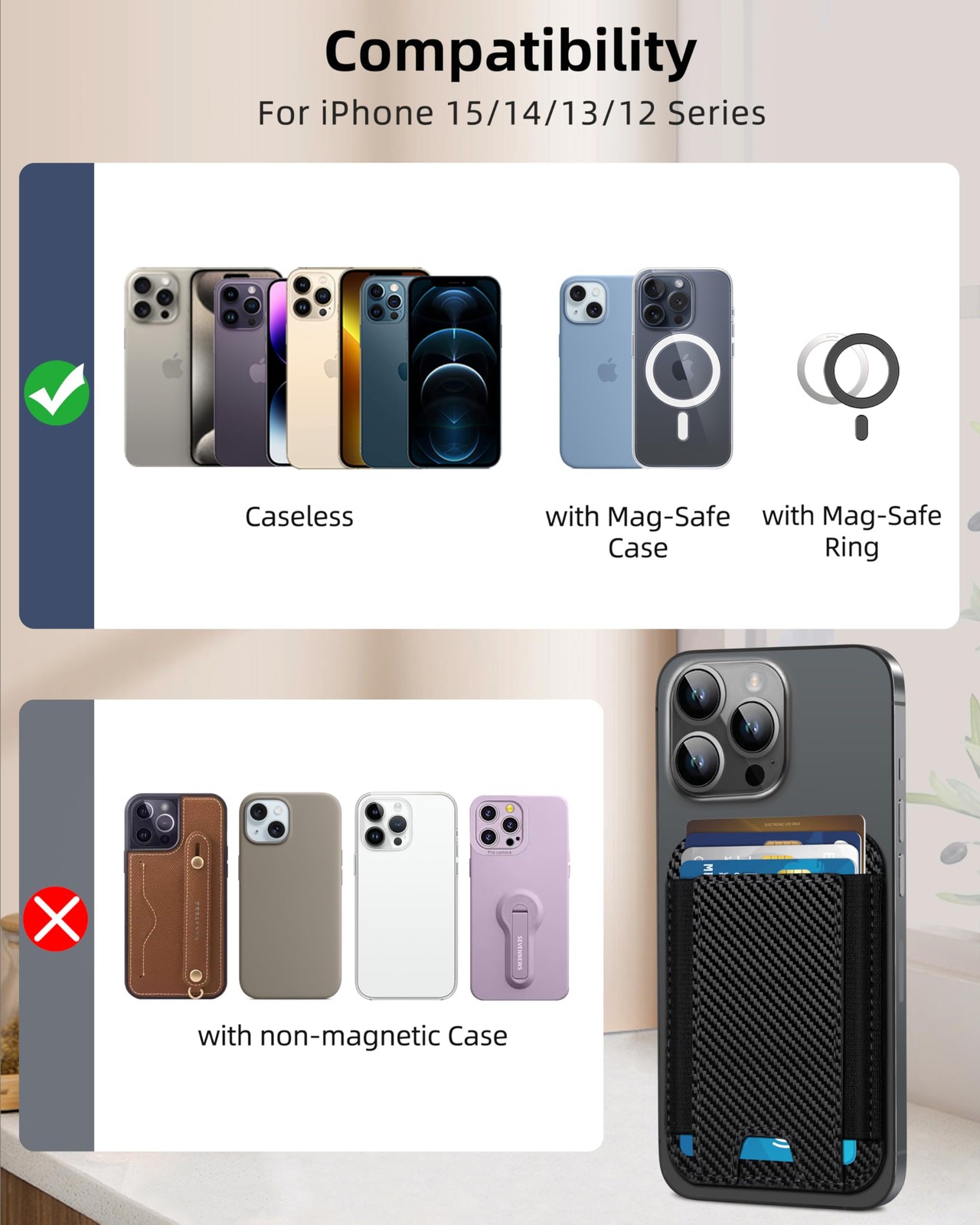 HiWe for MagSafe Wallet, Strongest Magnetic Carbon Fiber Wallet - Black Band