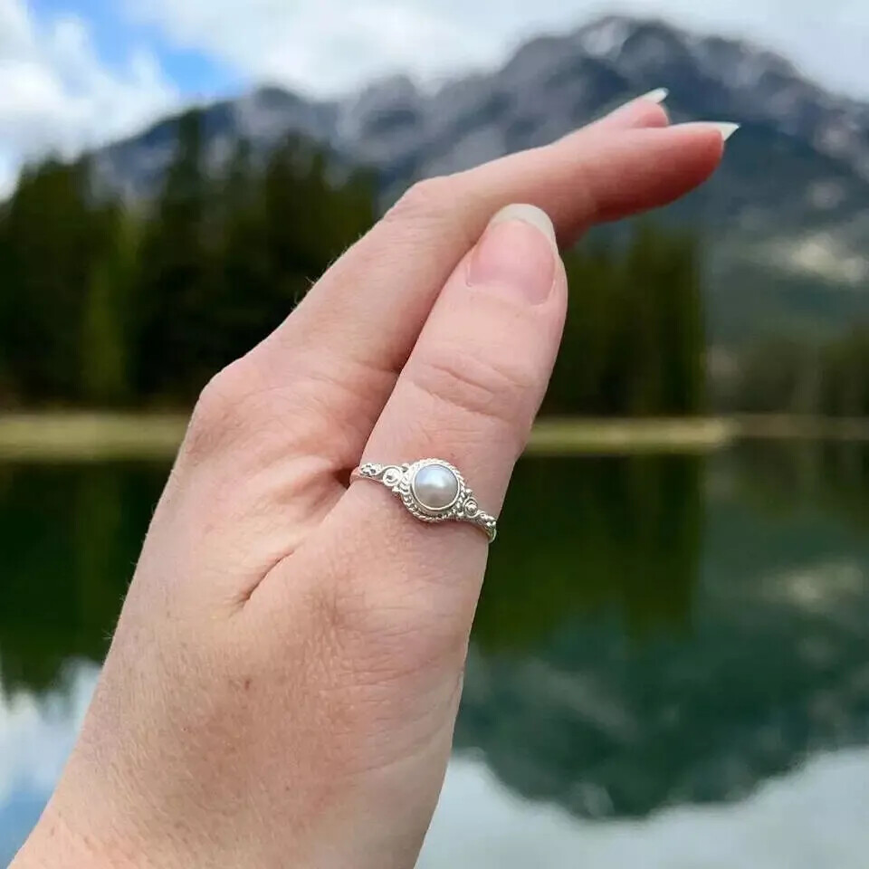 Pearl Gemstone Ring Solid 925 Silver Handmade Designer Dainty Ring All Size R45