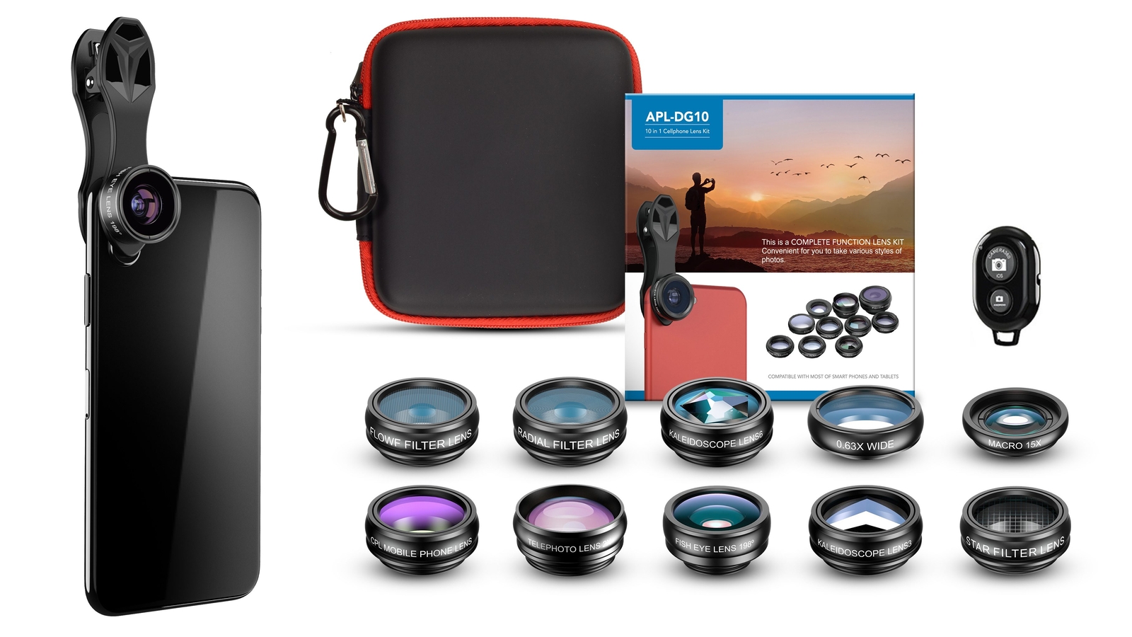 APEXEL 10in1 Phone Camera Lens Kit Fisheye WideAngle 2X Telescope Lens for Phone