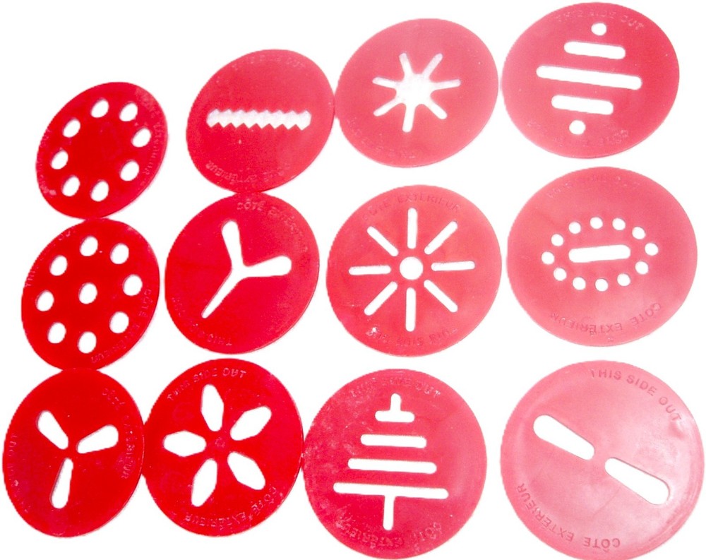12 RED PLASTIC DISCS FROM A WHITE WILTON COOKIE PRESS