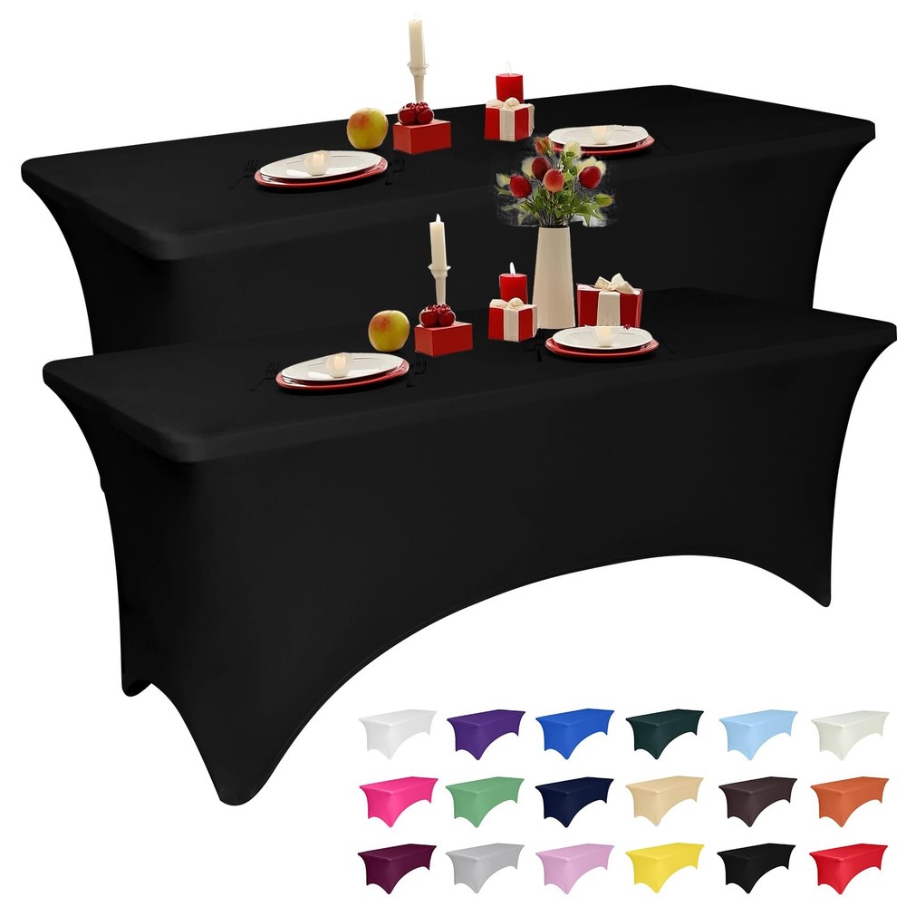 2 Pack 5 Feet Black Spandex Tablecloth for Rectangular Tables Fitted & Stretc...