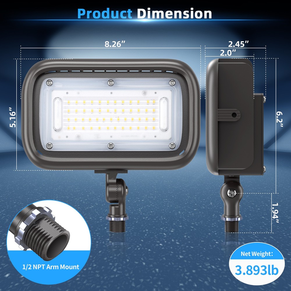 45W LED Flood Lights 1/2" Adjustable Knuckle Mount Security Floodlight for Yard