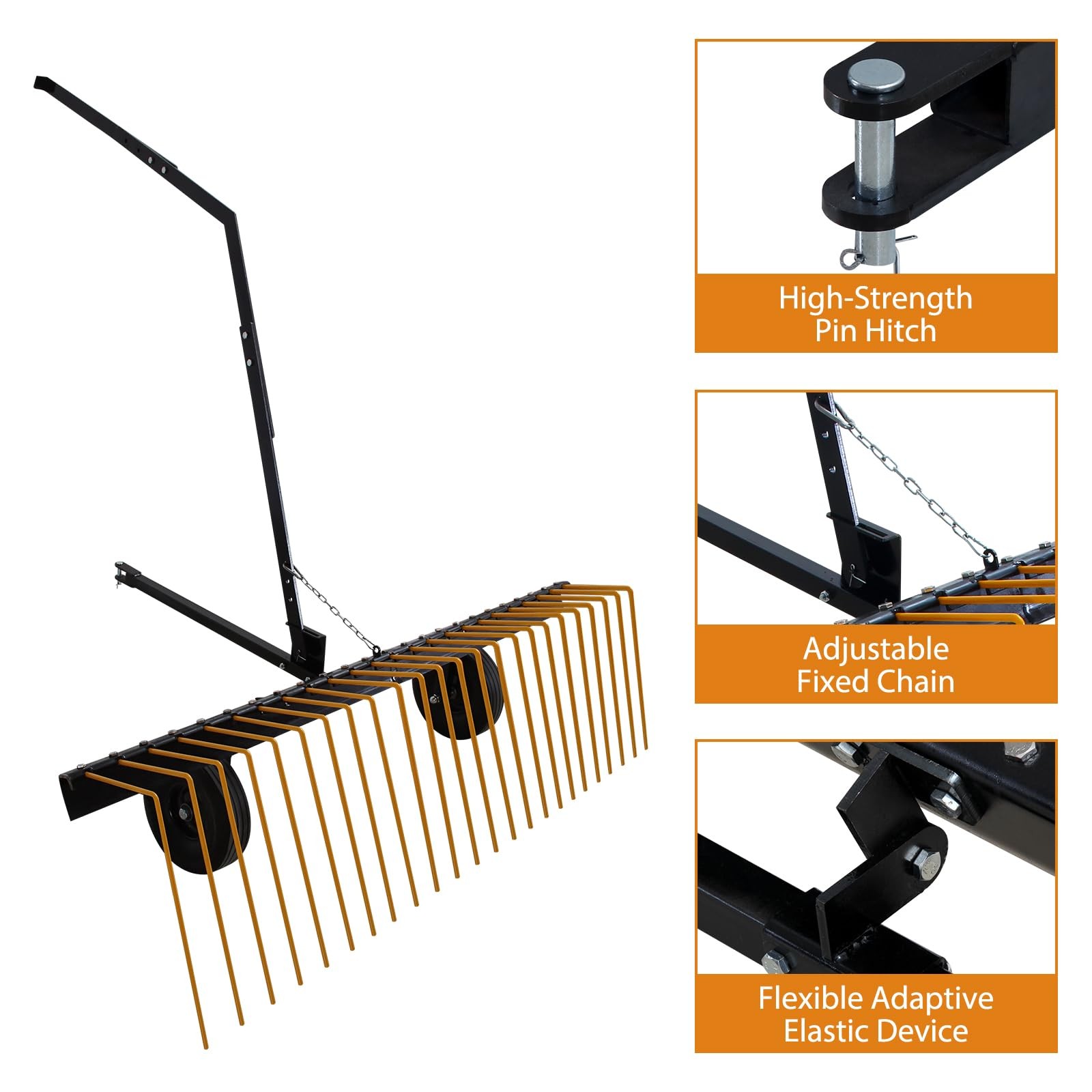 60" Tow Behind Pine Straw Rake Heavy Duty Steel Tractor ATV Lawn Rake W/ 24 Tine