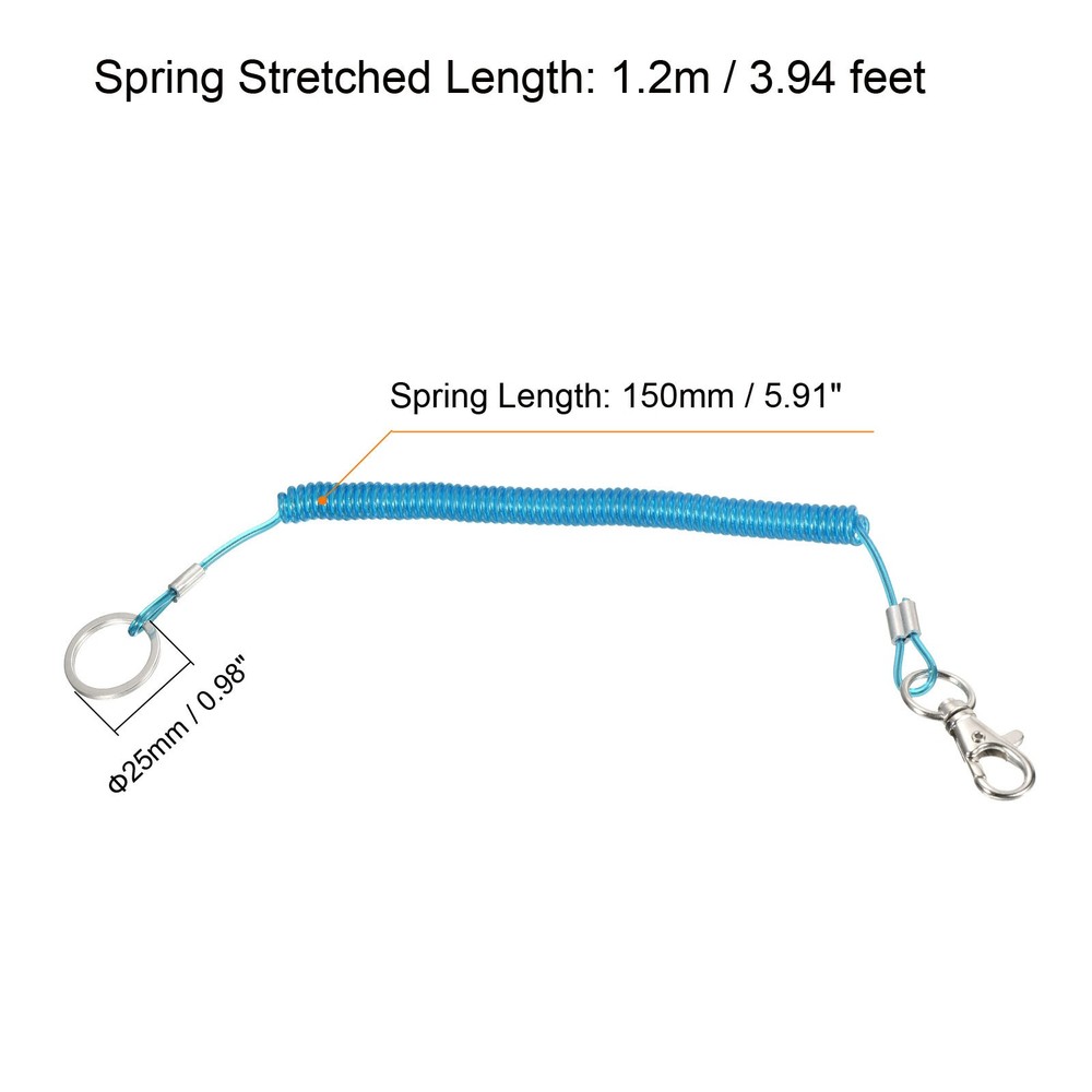 6" Plastic Retractable Coil Spring Keychain Strap Ring Lobster Clasp, Blue