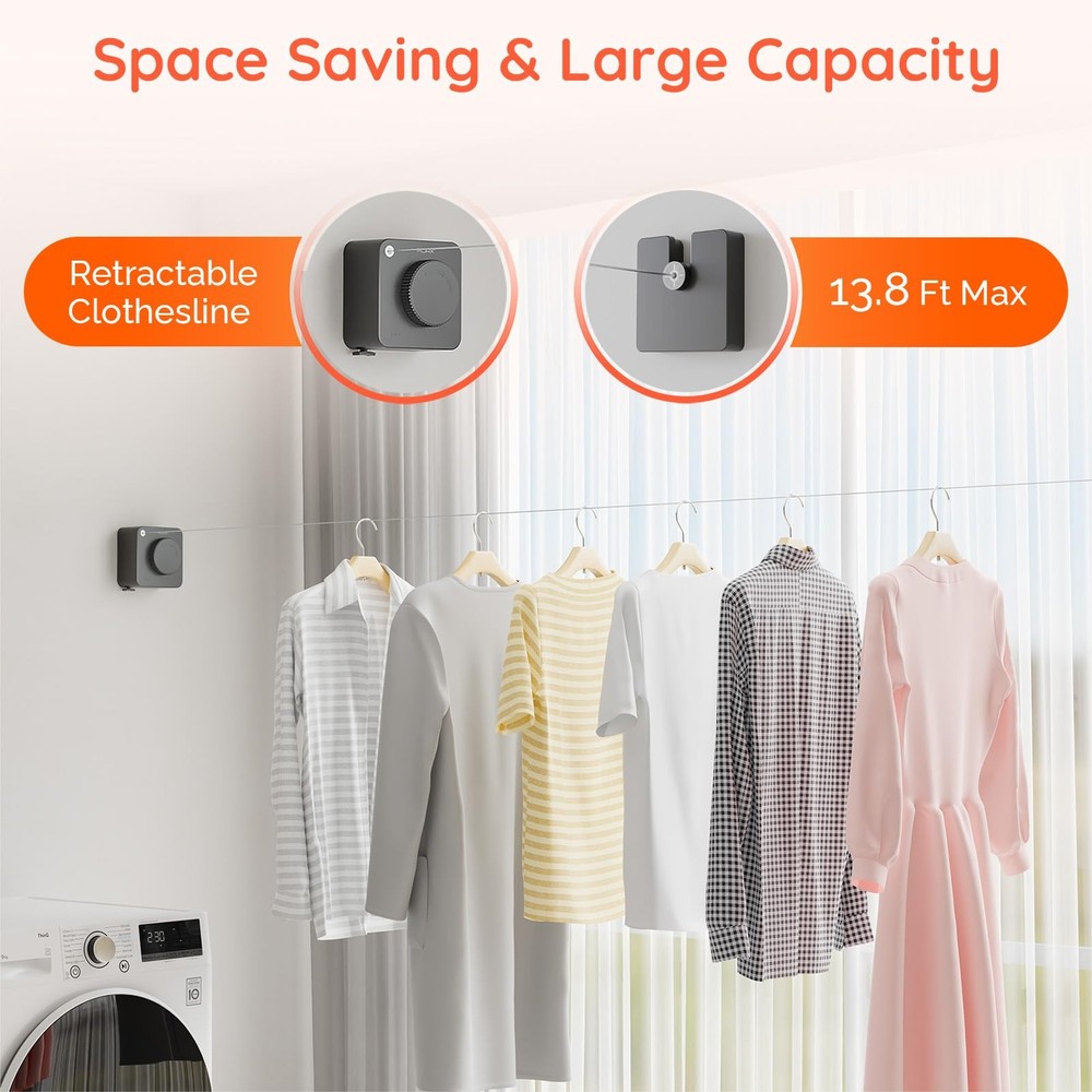 Retractable Clothesline Indoor, Non-Sagging Outdoors Gray