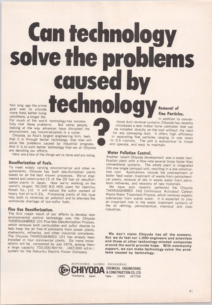 Chiyoda 1974 Original Print Ad Chemical Engineering Environmental Tech