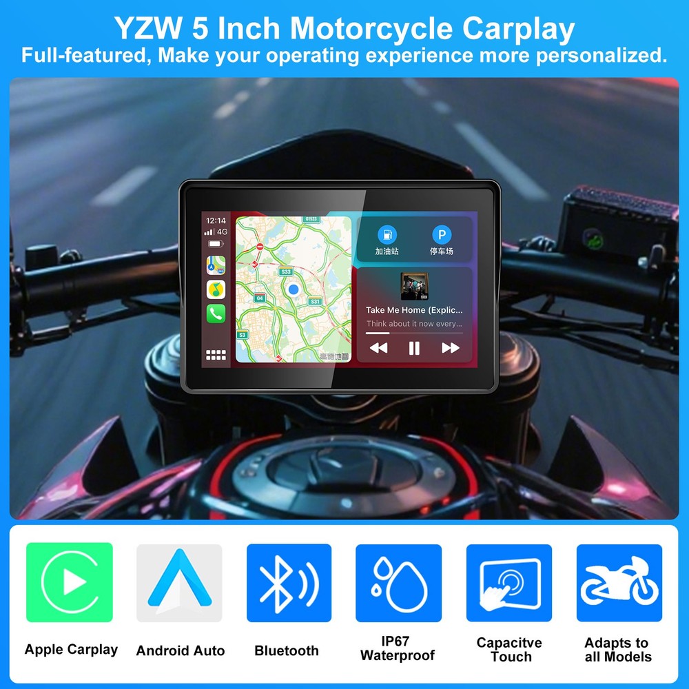 5" Wireless CarPlay Android Auto Portable Screen Navigator Motorcycle Waterproof