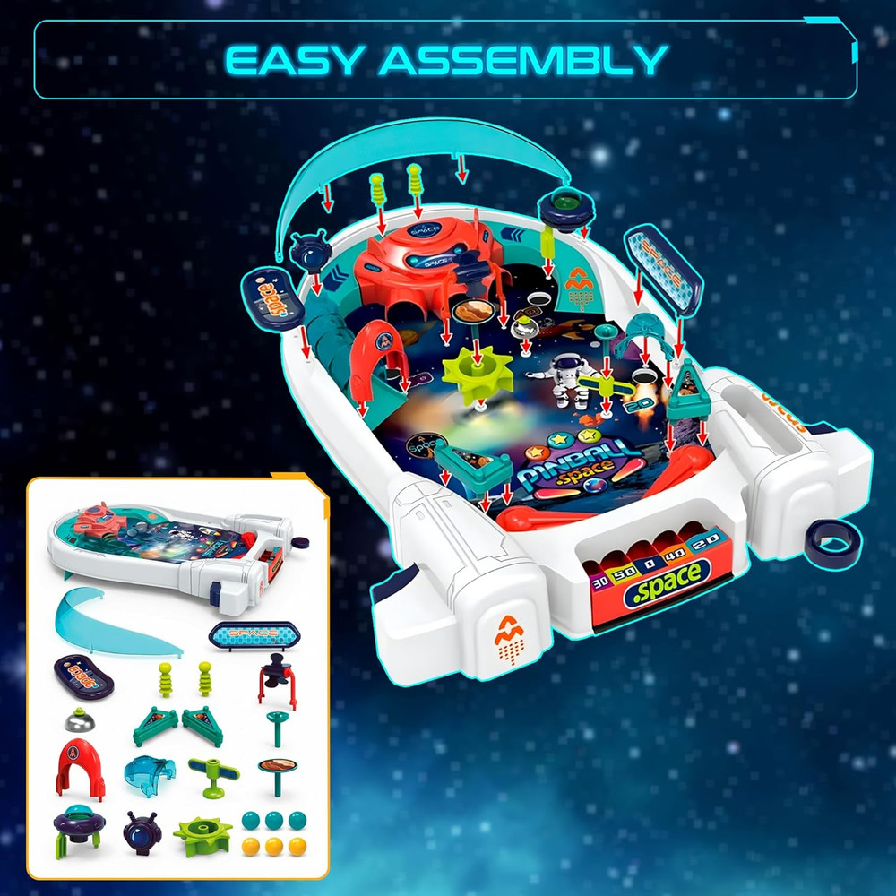 Space Pinball Machine — Tabletop Arcade Game with Obstacles, Pull-Rod Launcher,