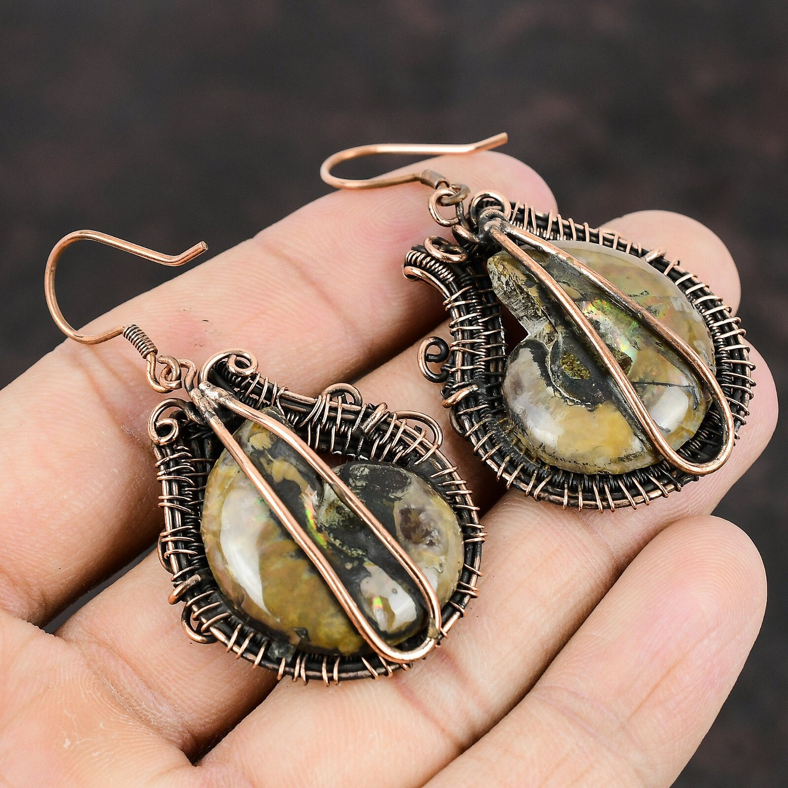Ammonite Fossil Copper Valentine Gift Wire Wrapped Drop/Dangle Earrings 2.24"