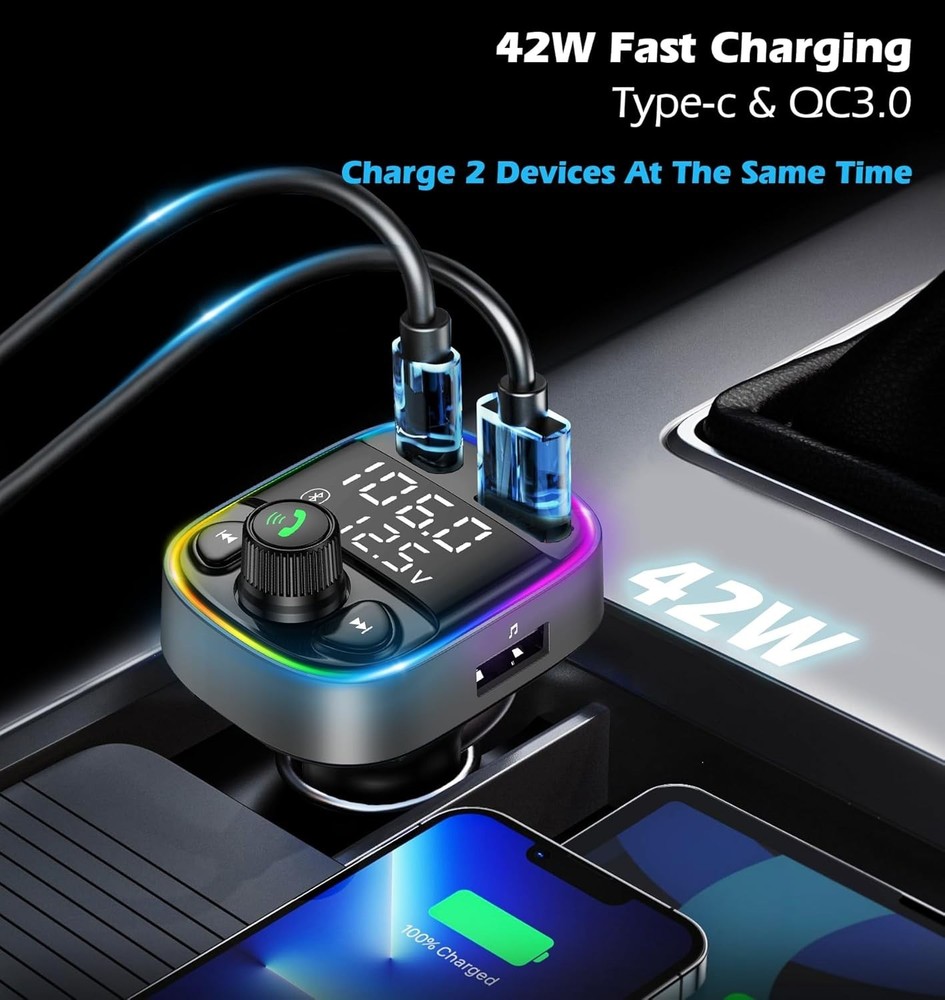 Bluetooth 5.4 Bluetooth Car Adapter, FM Transmitter with Qc3.0/Type-C 42W Fast C