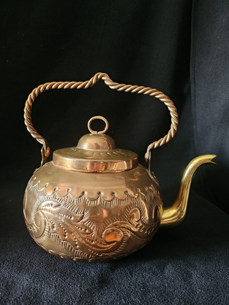 Antique Moroccan Copper Brass Teapot with Hammered Chisel Point Design