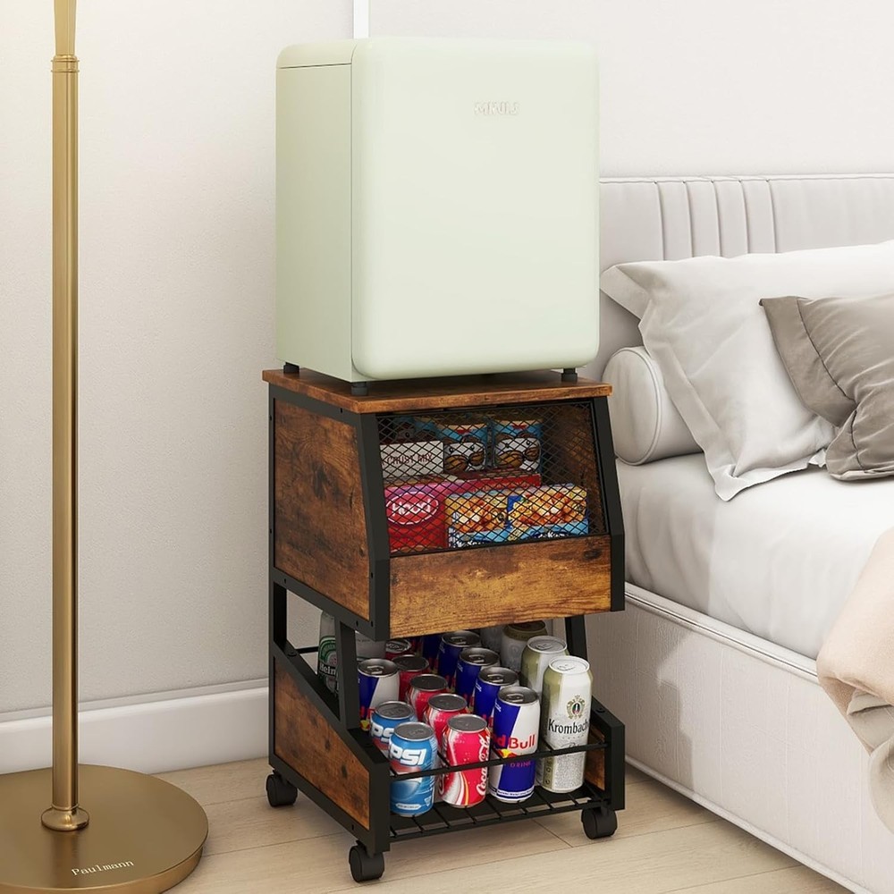 Compact Refrigerator Stand W/ Beverage Storage & Wheels Rolling Personal Fridge