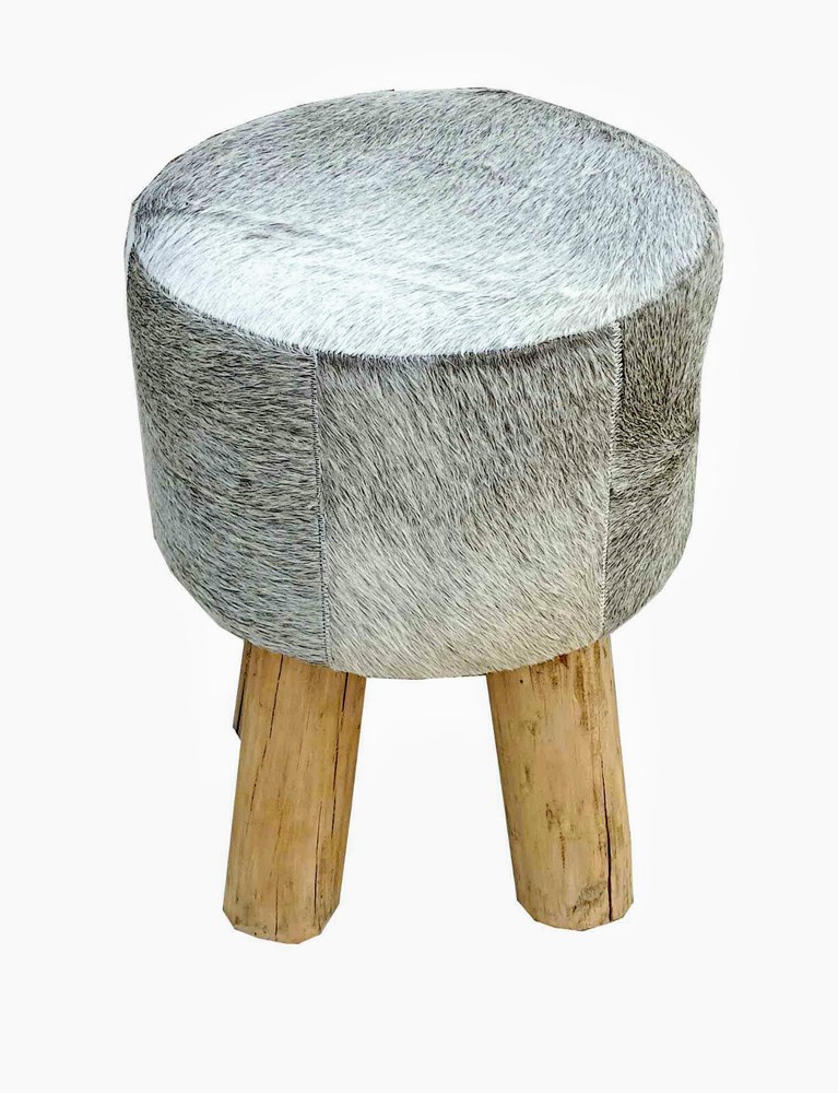 JONI Stool and Pouf in Grey Cowhide