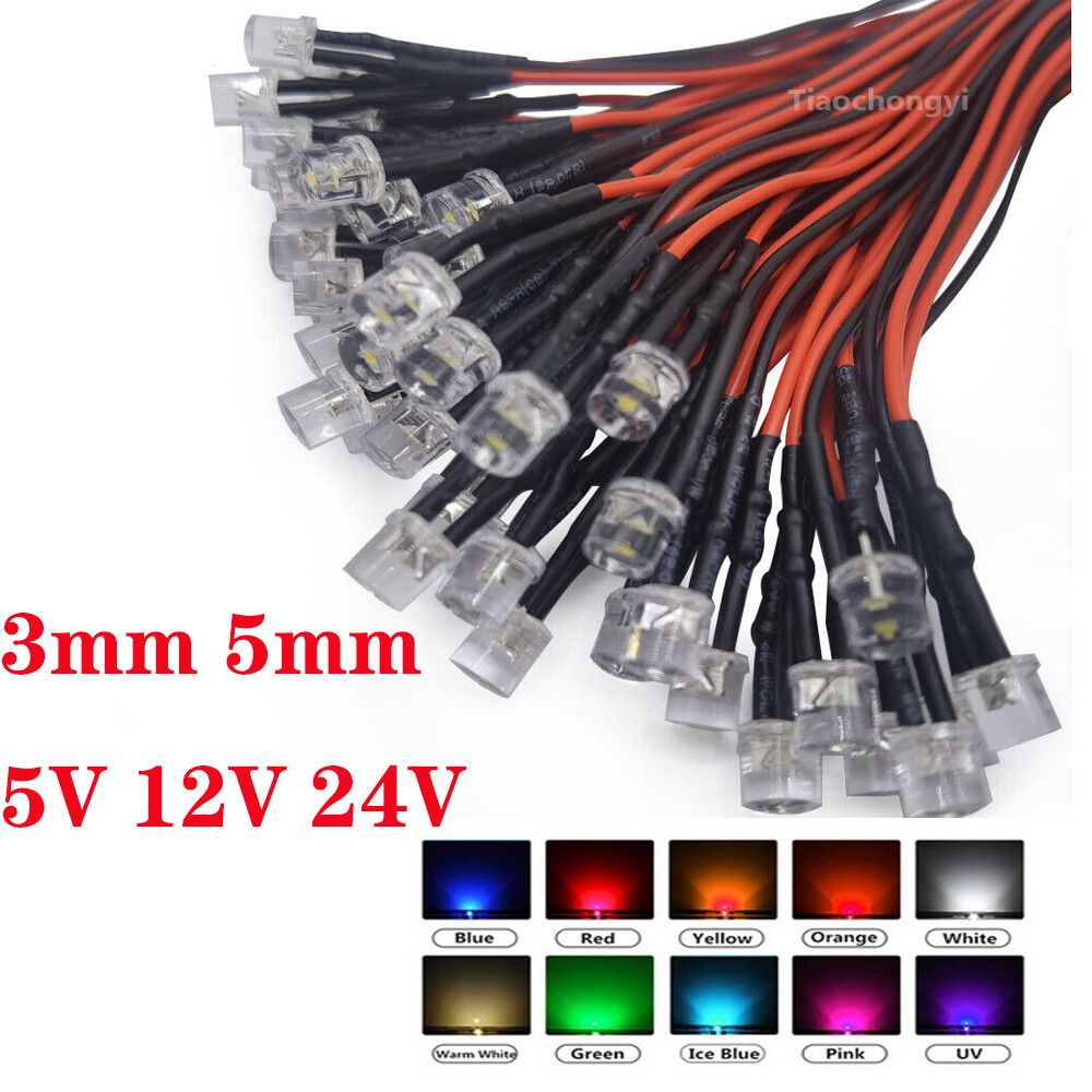 5V 12V 24V 20pcs 3mm/5mm LED Red RGB Pre-Wired Water Clear Light Emitting Diodes