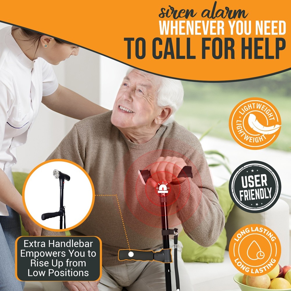 Walking Cane with Light & Alarm - Foldable Adjustable - Size M - New