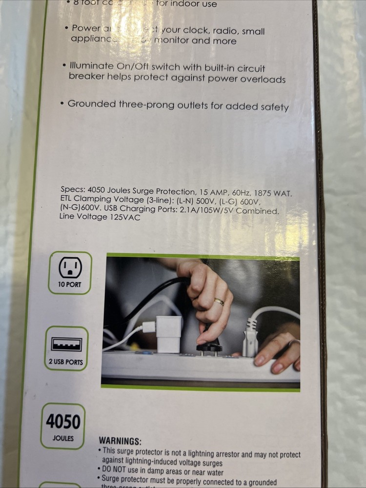 10 Outlet Surge Protector, 8 FT, White