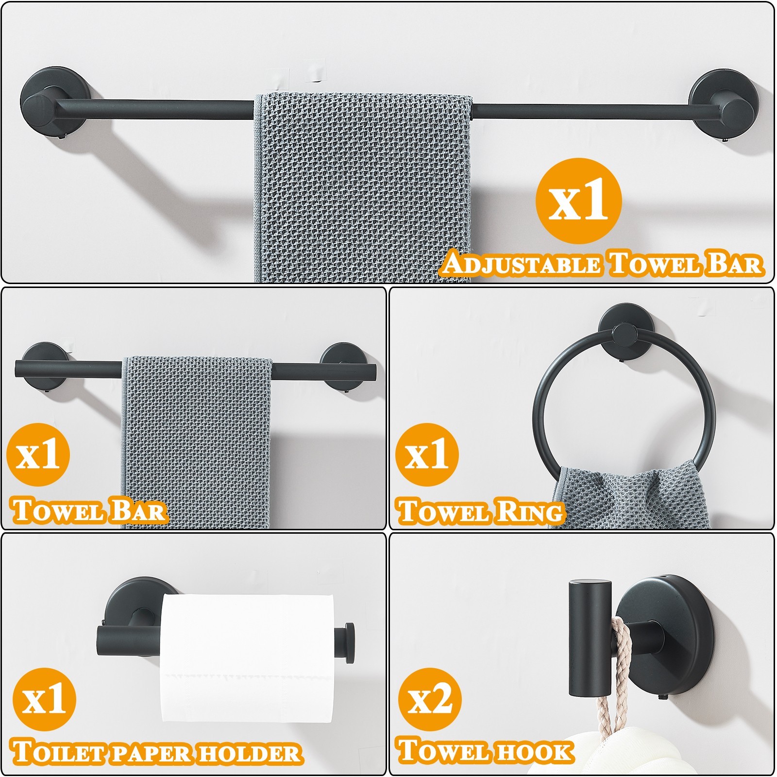 6 Pcs Black Bathroom Hardware Set Stainless Steel Towel Bar Towel Racks Hooks