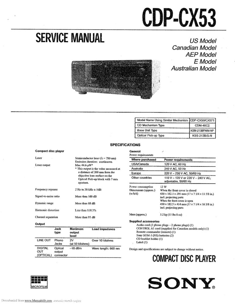 SONY CDP-CX53  CD/DVD Service & Operating Manuals  ( On CD )