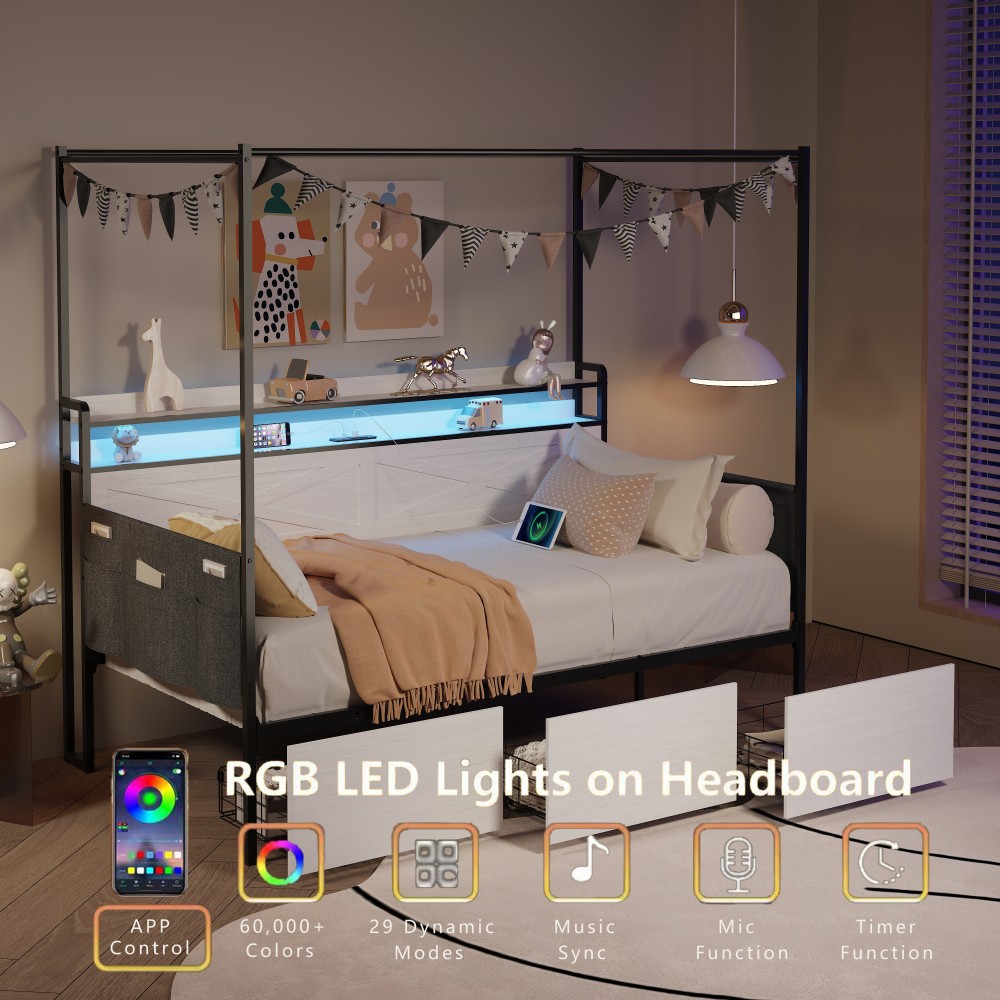 Modern and Stylish Twin Beds, 3 Under Bed Storage Cabinets, Light Charging