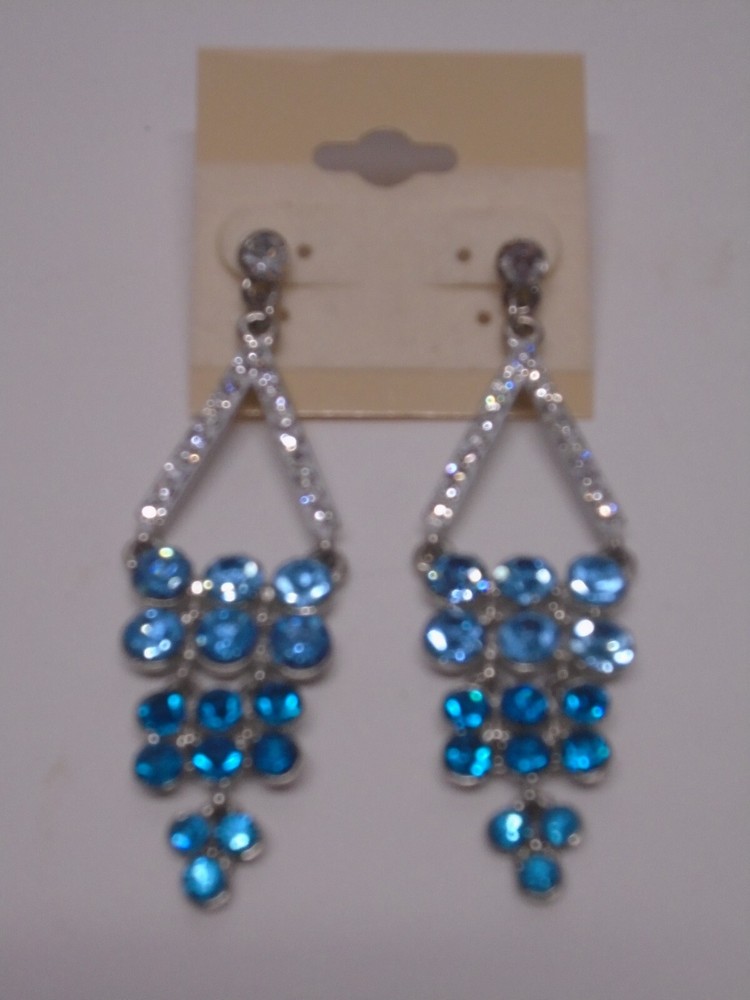 BLUE CRYSTAL CHANDELIER DANGLE SILVERTONE EARRINGS 2.75" Long