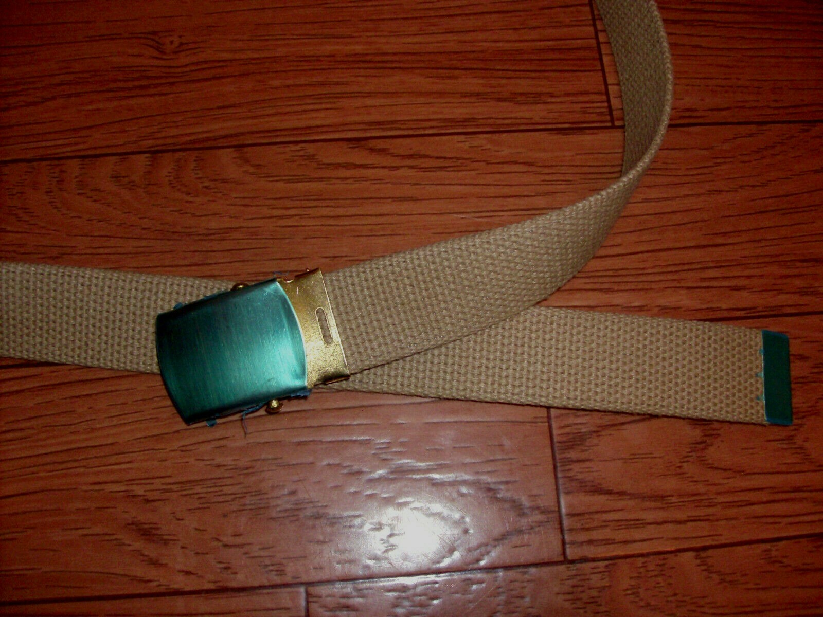 U.S MILITARY KHAKI WEB BELT WITH SOLID BRASS BUCKLE U.S.A MADE 54" HEAVY WEB
