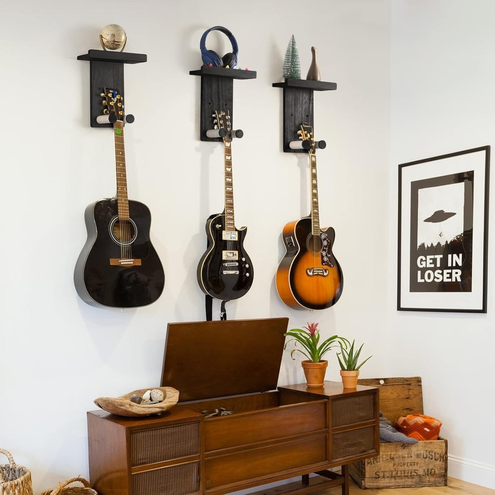 Rustic Wood Guitar Wall Mount 3-Pack - Matte Black