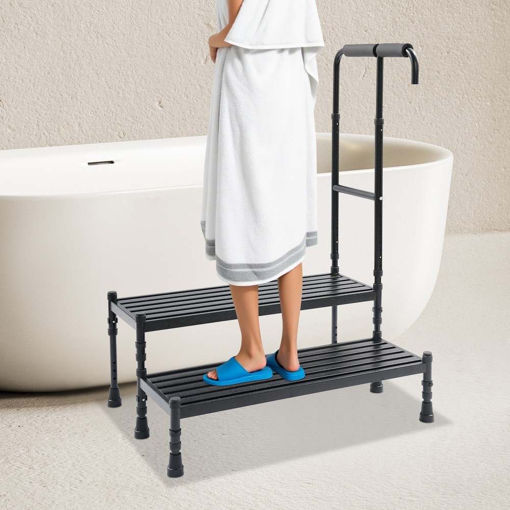 2-Step Stool with Adjustable Handle, Sturdy Metal Design for Safe Use