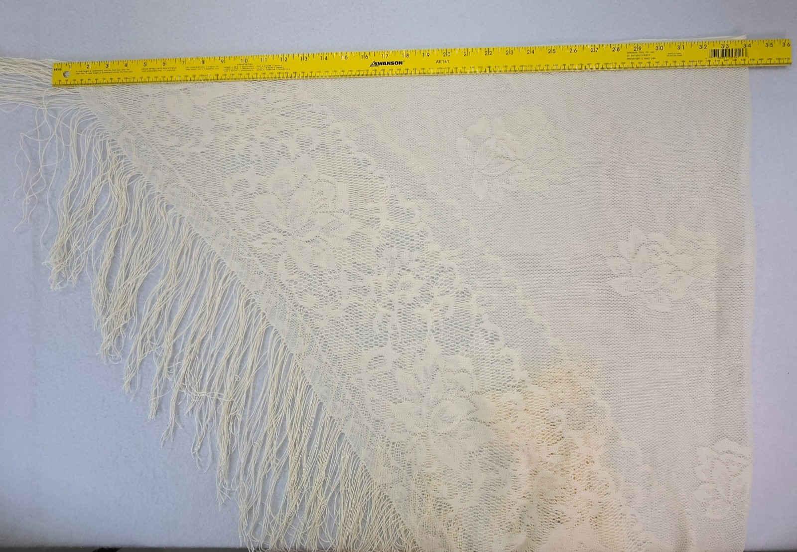 Vintage Large Woven Shawl with Fringe Floral Boho Made In Japan Cream