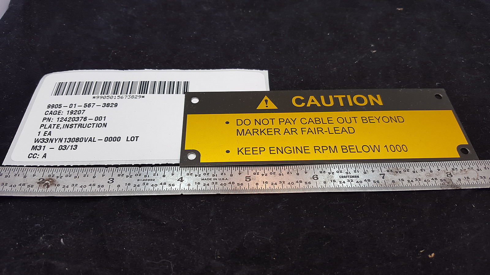 WINCH PAY OUT CAUTION PLATE M35A2 M939 12420376-001 F34-3A