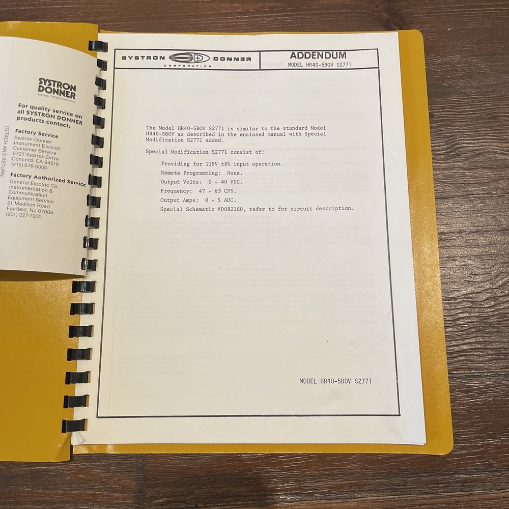 Addendum Model HR40-5B0V S2771 Operation Manual 1982