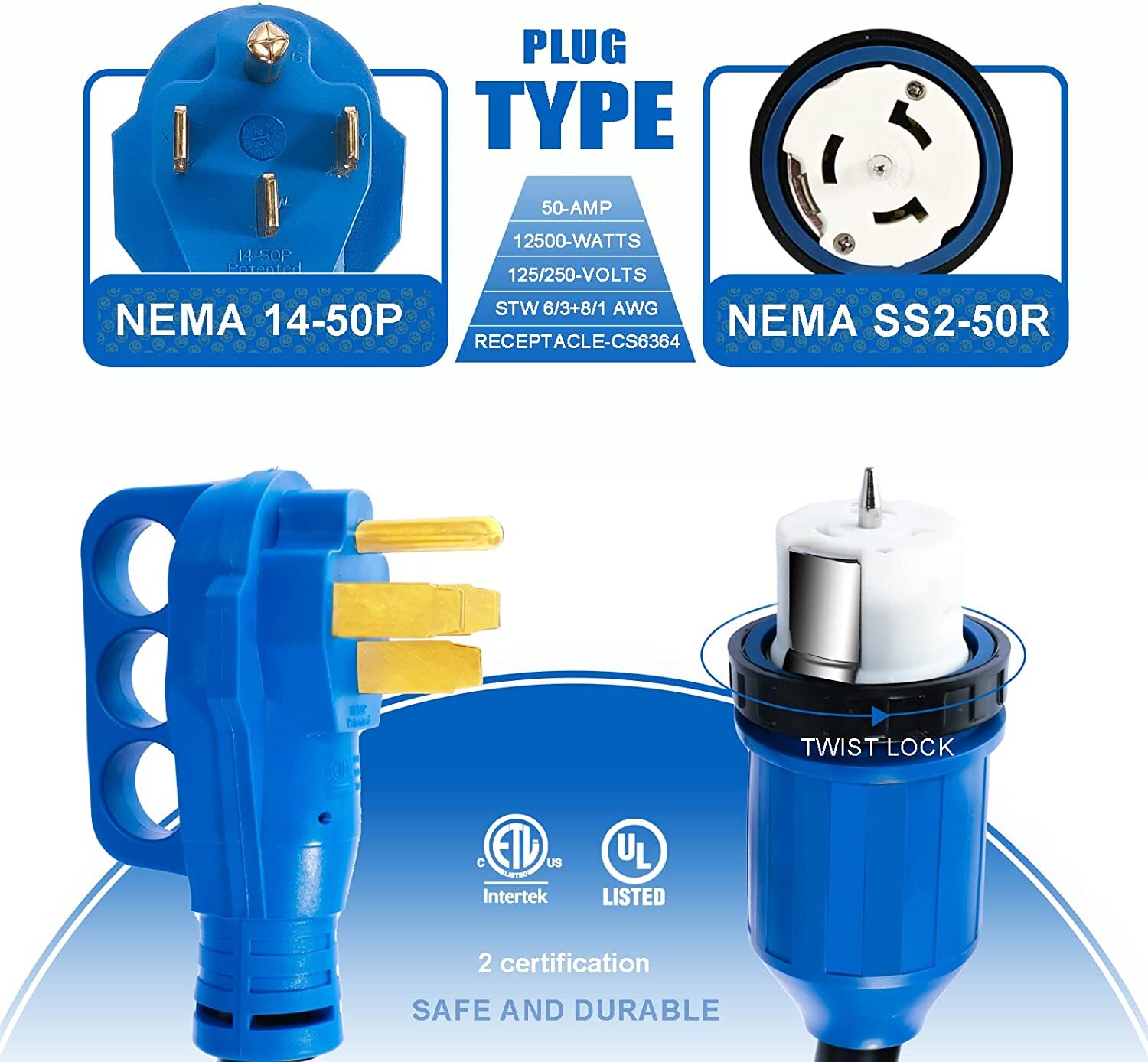 50 Amp 25FT Generator Power Cord and Waterproof Power Inlet Box 14-50P to CS6364