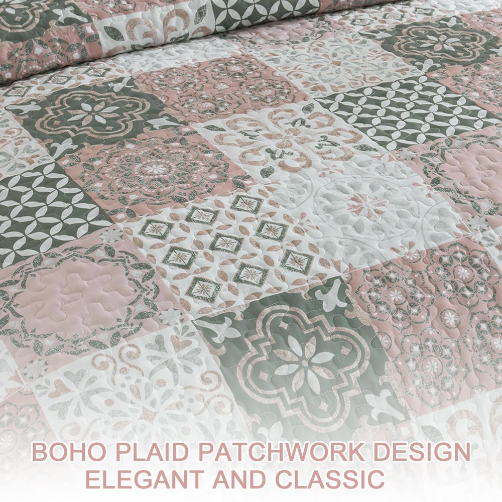 Dobuyly Blush Quilt Set Queen Size, Boho Patchwork Plaid Queen, Pink