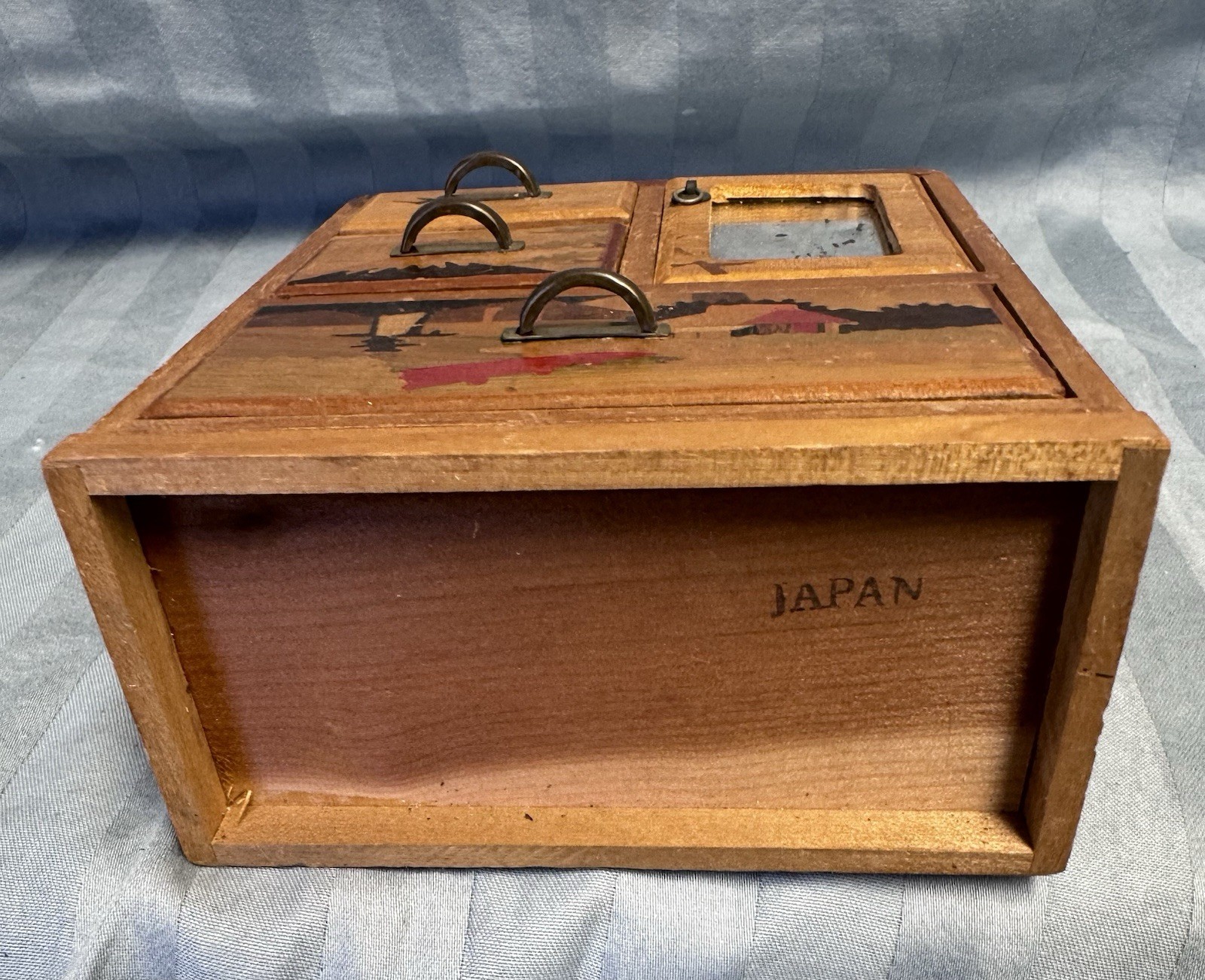 Japanese Vintage Wood Doll House Dresser Yosegi Marquetry Painted with Mirror