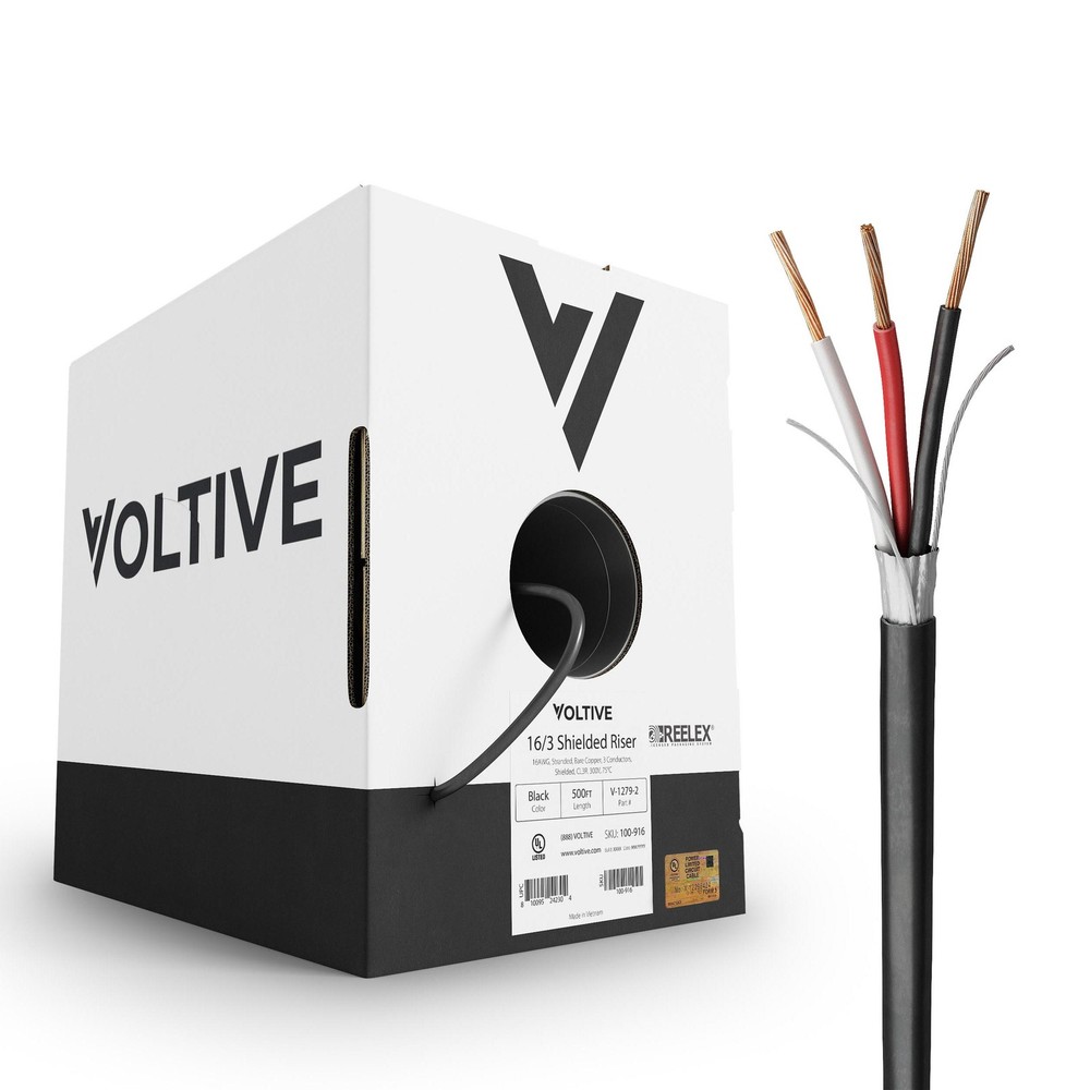 Voltive 16/3 Shielded Low Voltage Wire, Riser CL3R, Black, 500ft